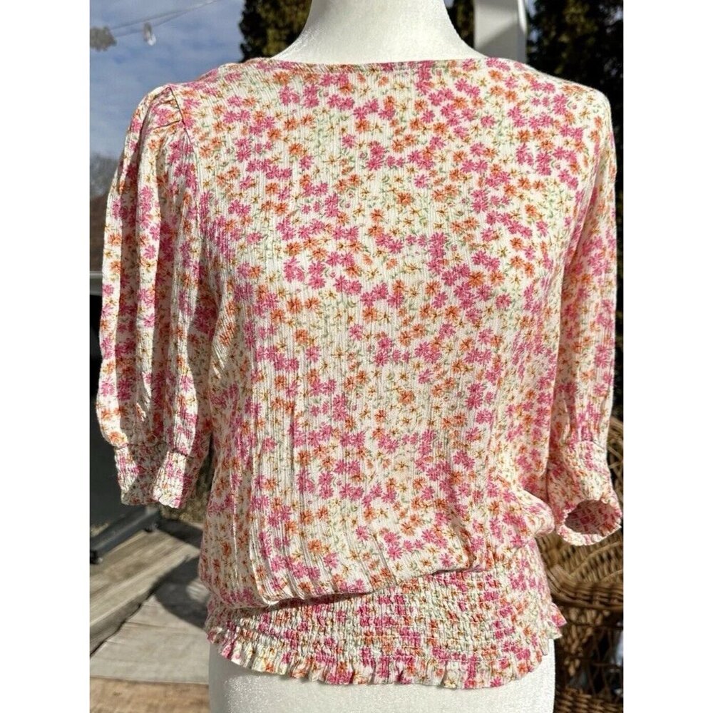 LES AMIS‎ Floral Printed Blouse Large Pink Smocked Sleeves & Hem USA Made Spring